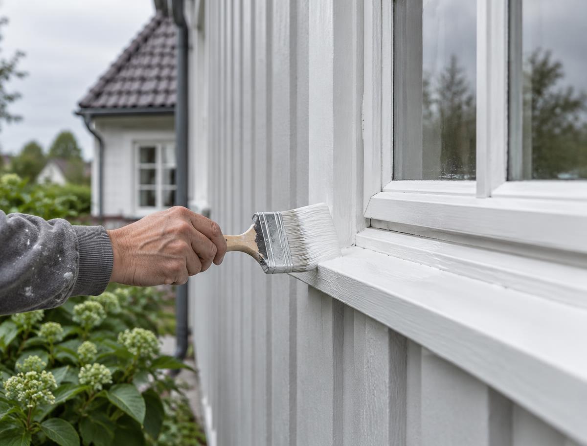 Illustration: maler der pensler hvid maling på udvendigt træværk